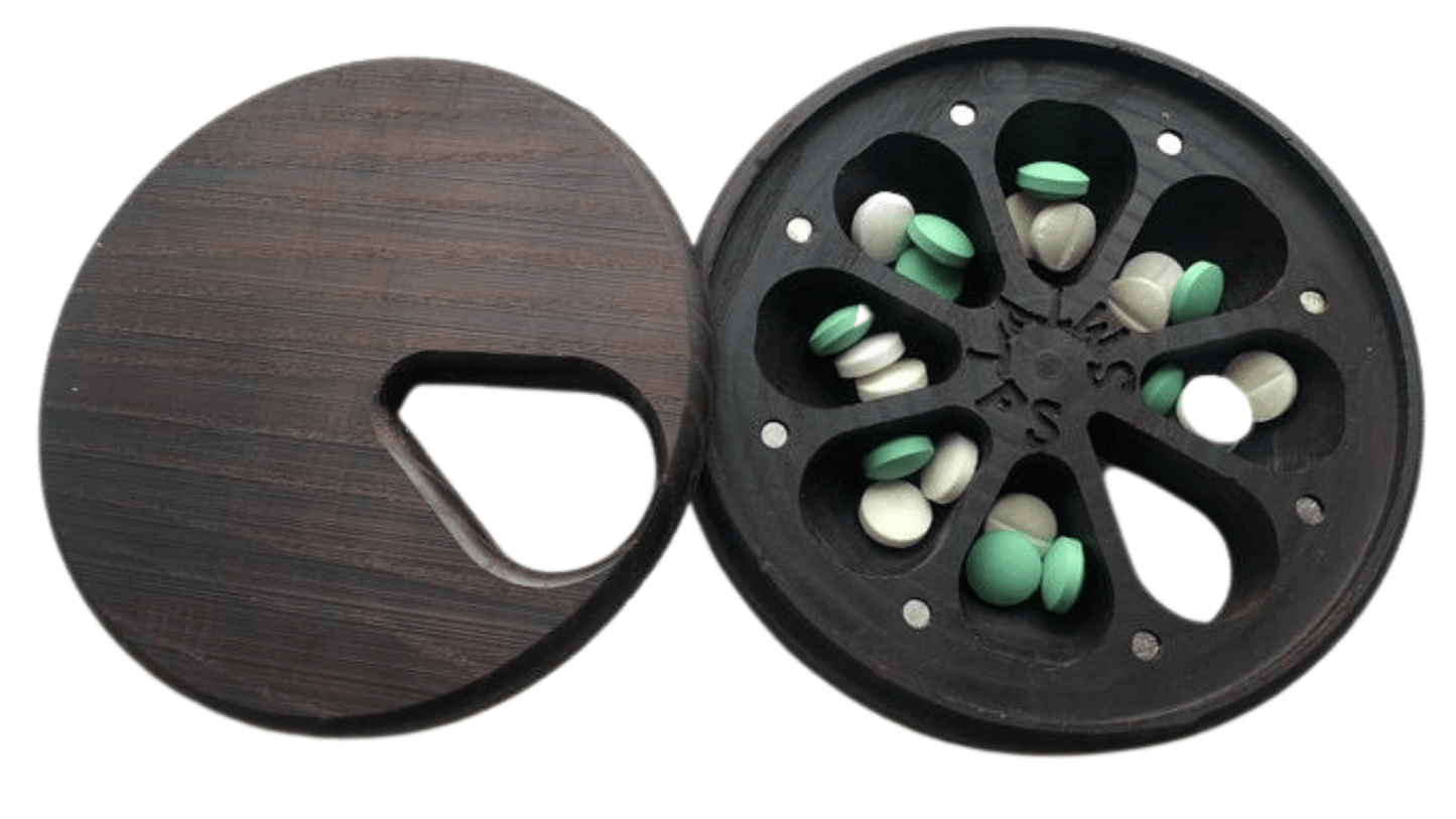 JTNlab PILLBOX Dried Ash / No Personalization / Internal Lid ROUND WEEKLY PILL BOX  - NATURAL WOOD