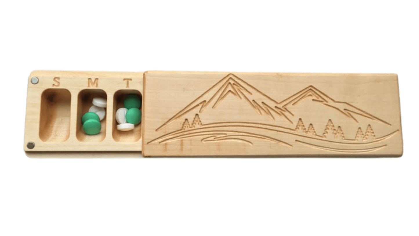 JTNlab PILLBOX Maple / No Personalization / External Lid WOODEN PILL BOX -  MOUNTAINS