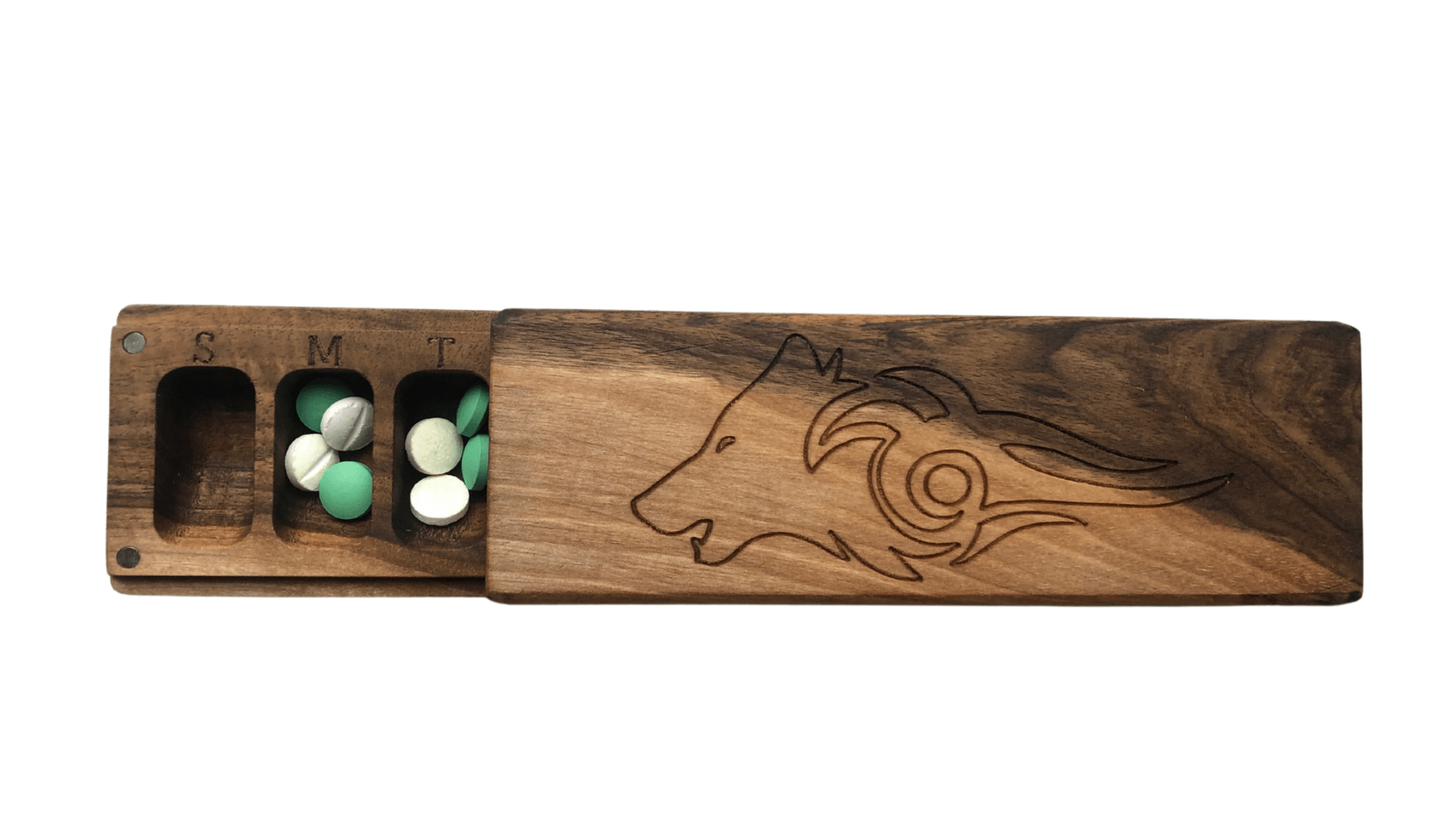 JTNlab PILLBOX No Personalization / Walnut WOODEN PILL BOX - WOLF WITH MOON