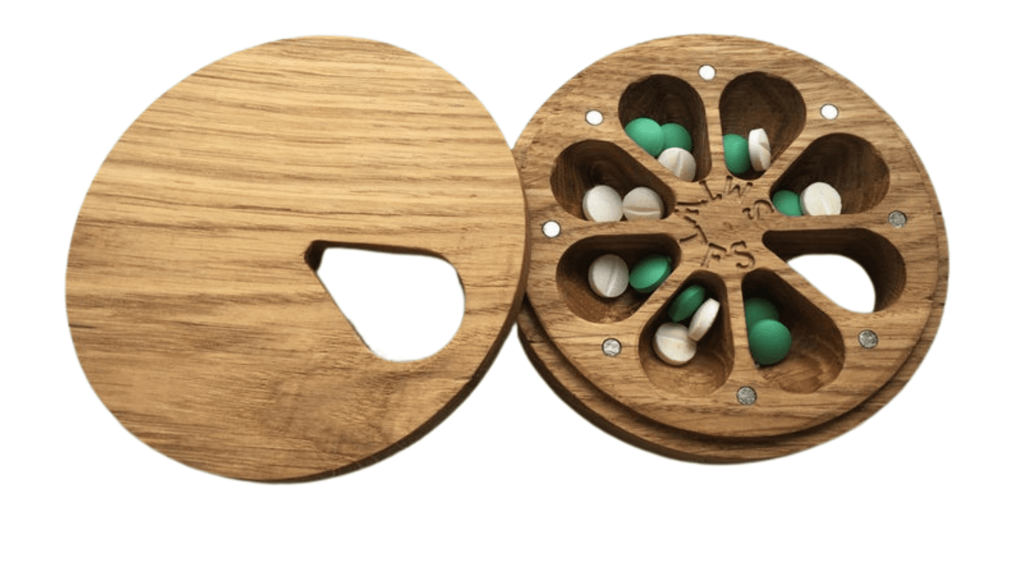 JTNlab PILLBOX Oak / Add Initials (+$10.00) / External Lid ROUND WEEKLY PILL BOX  - NATURAL WOOD