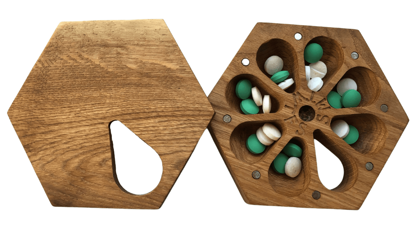 JTNlab PILLBOX Oak / Add Initials (+$10.00) HEXAGON WEEKLY PILL BOX - NATURAL WOOD