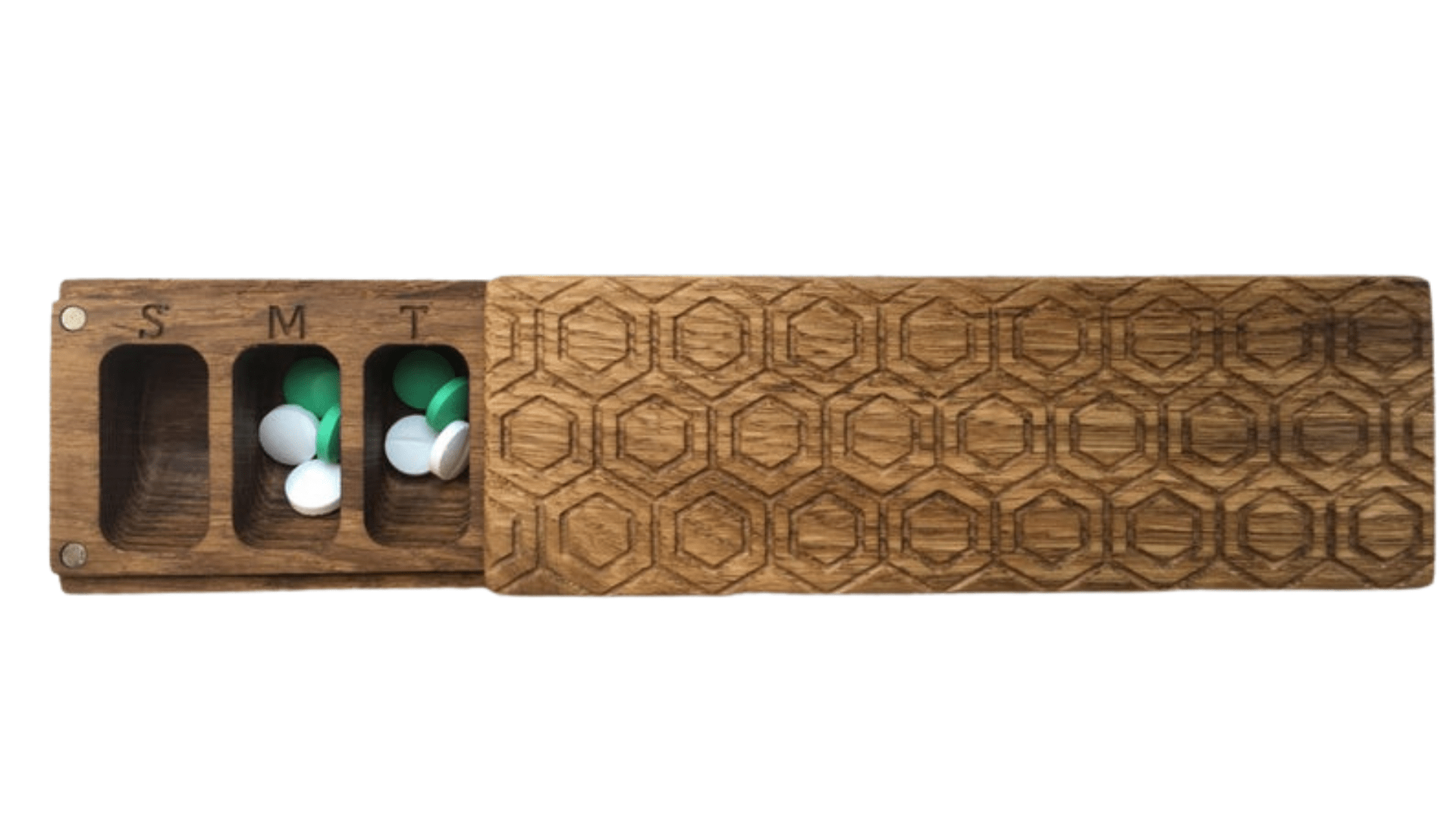 JTNlab PILLBOX Oak / No Personalization / External Lid WOODEN PILL BOX - HONEYCOMB