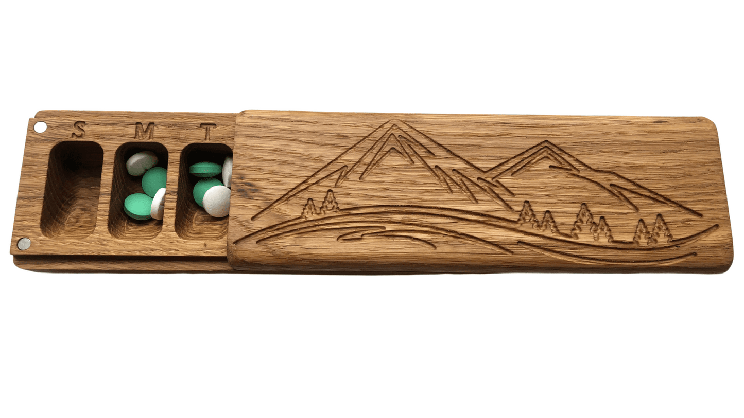 JTNlab PILLBOX Oak / No Personalization / External Lid WOODEN PILL BOX -  MOUNTAINS