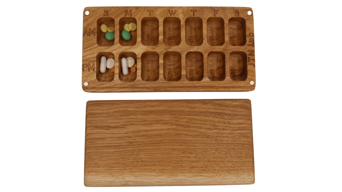 JTNlab PILLBOX Oak / No Personalization WOODEN DAY/NIGHT A.M.-P.M. PILL BOX - NATURAL WOOD