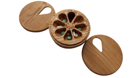 JTNlab PILLBOX ROUND WEEKLY AM/PM PILL BOX  NATURAL WOOD