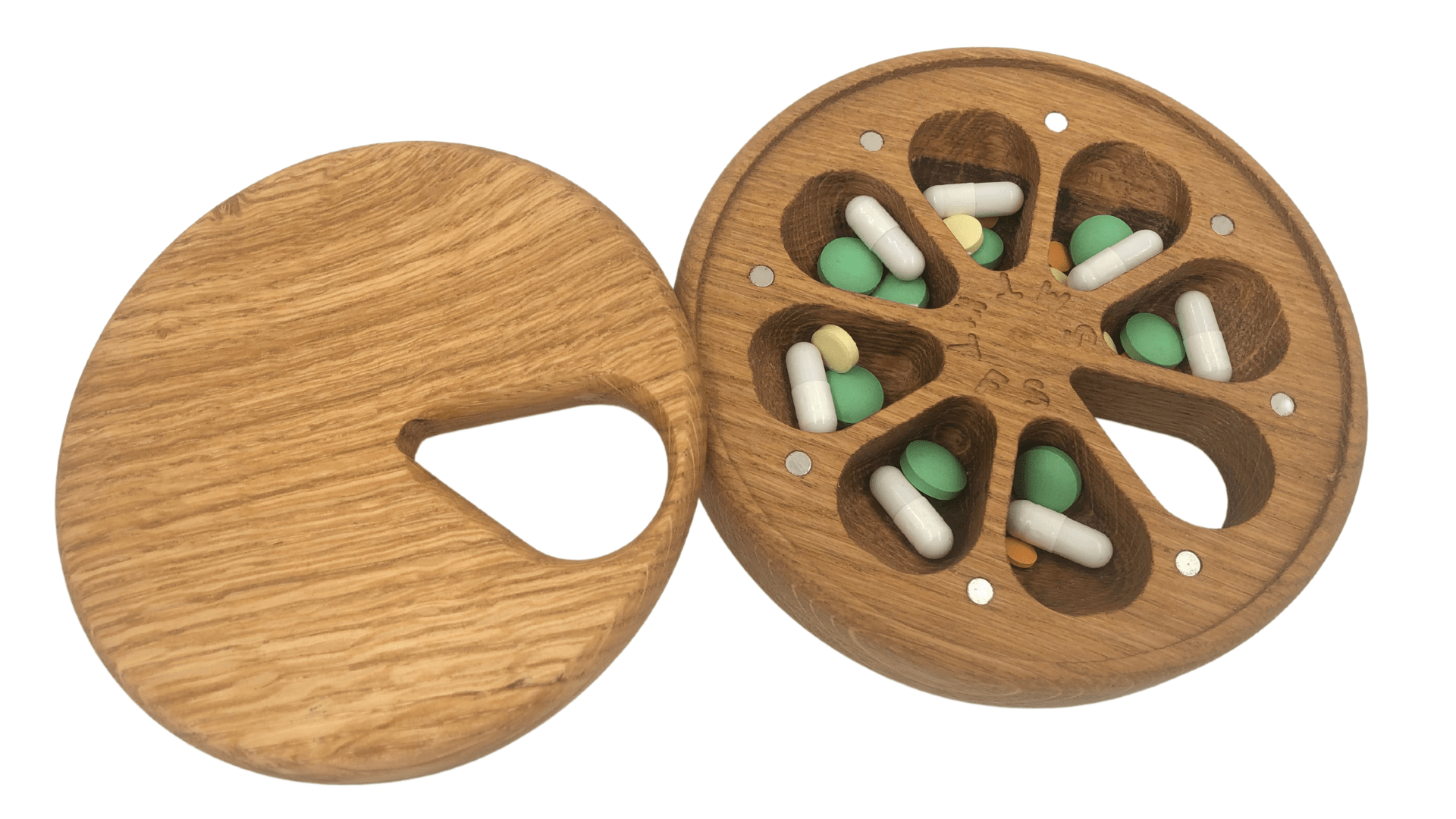 Round weekly pill box natural wood pill dispenser jtnlab