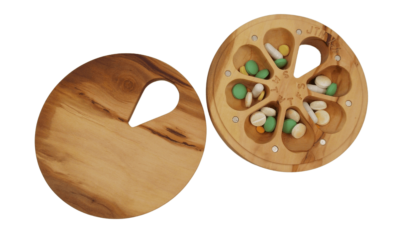 JTNlab PILLBOX ROUND WEEKLY PILL BOX  - NATURAL WOOD