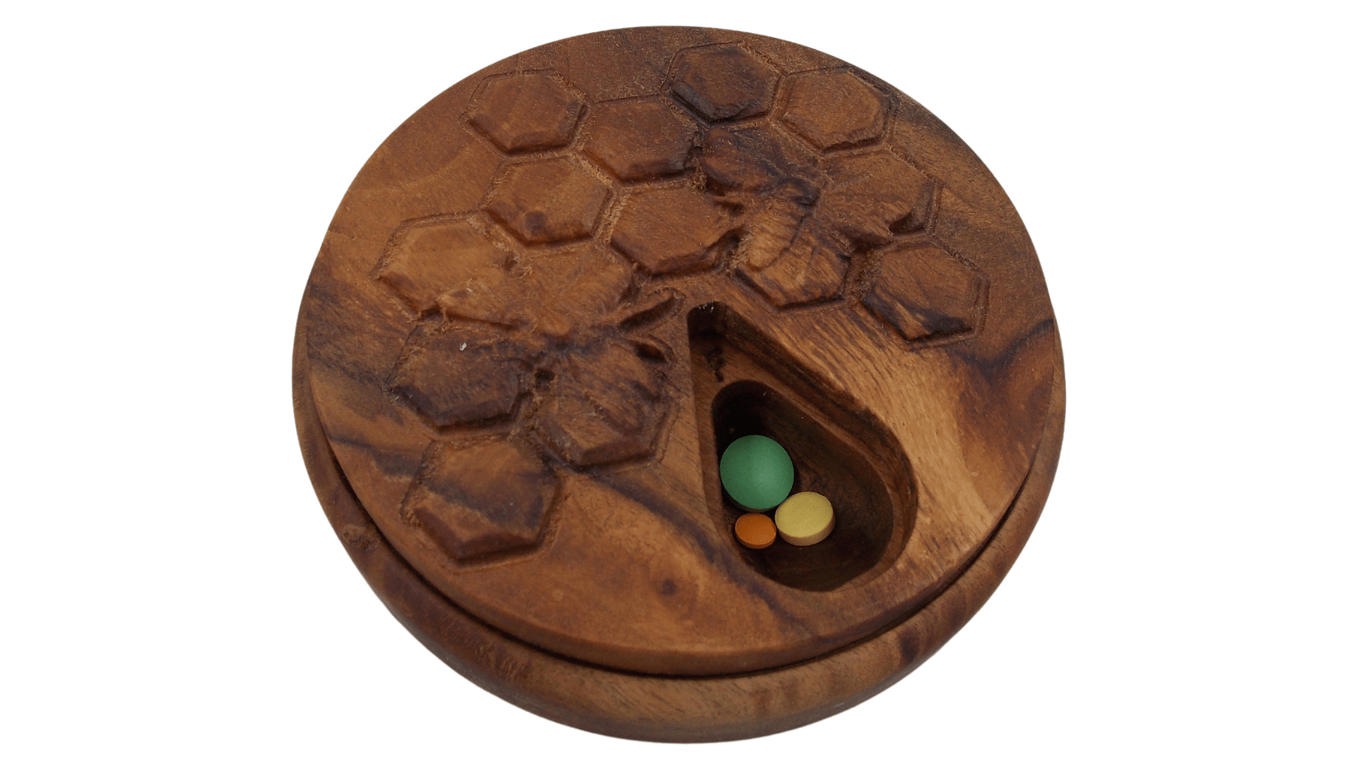 JTNlab PILLBOX ROUND WOODEN PILL BOX - 3D HONEYCOMB vs BEES