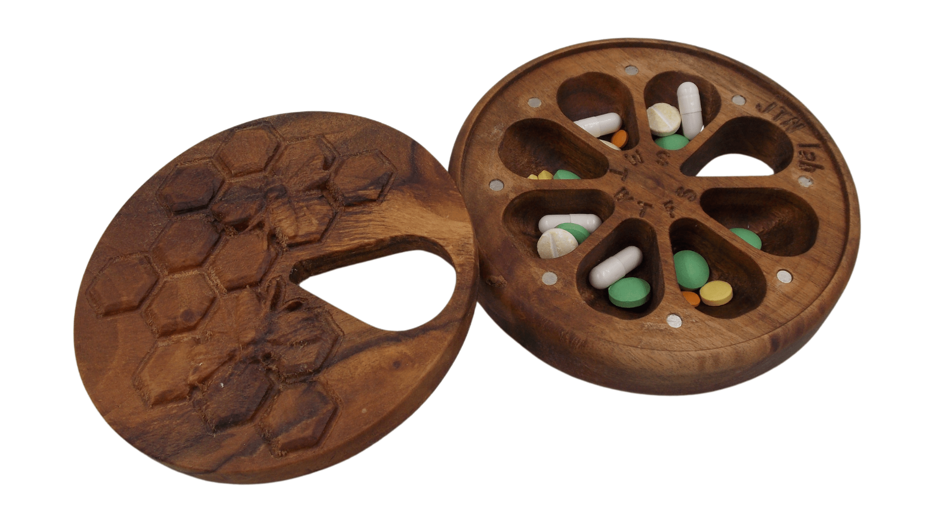 JTNlab PILLBOX ROUND WOODEN PILL BOX - 3D HONEYCOMB vs BEES