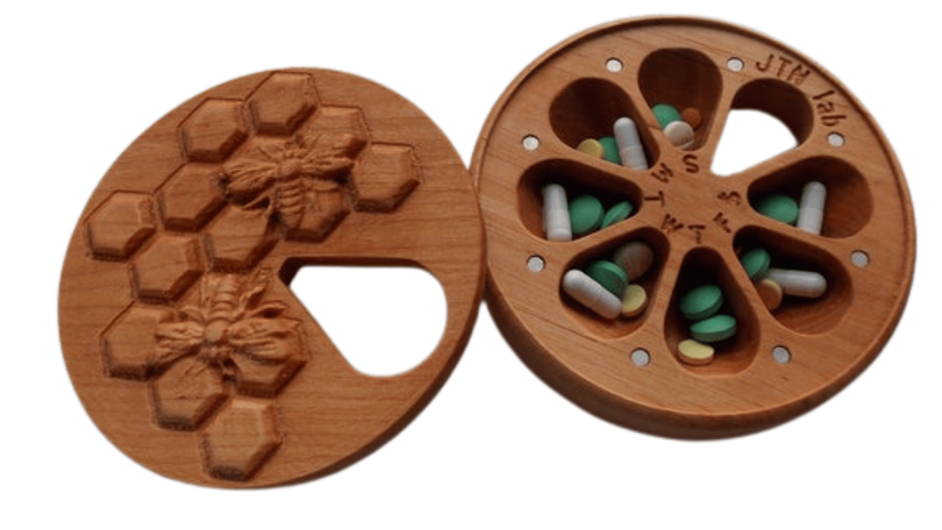 JTNlab PILLBOX ROUND WOODEN PILL BOX - 3D HONEYCOMB vs BEES