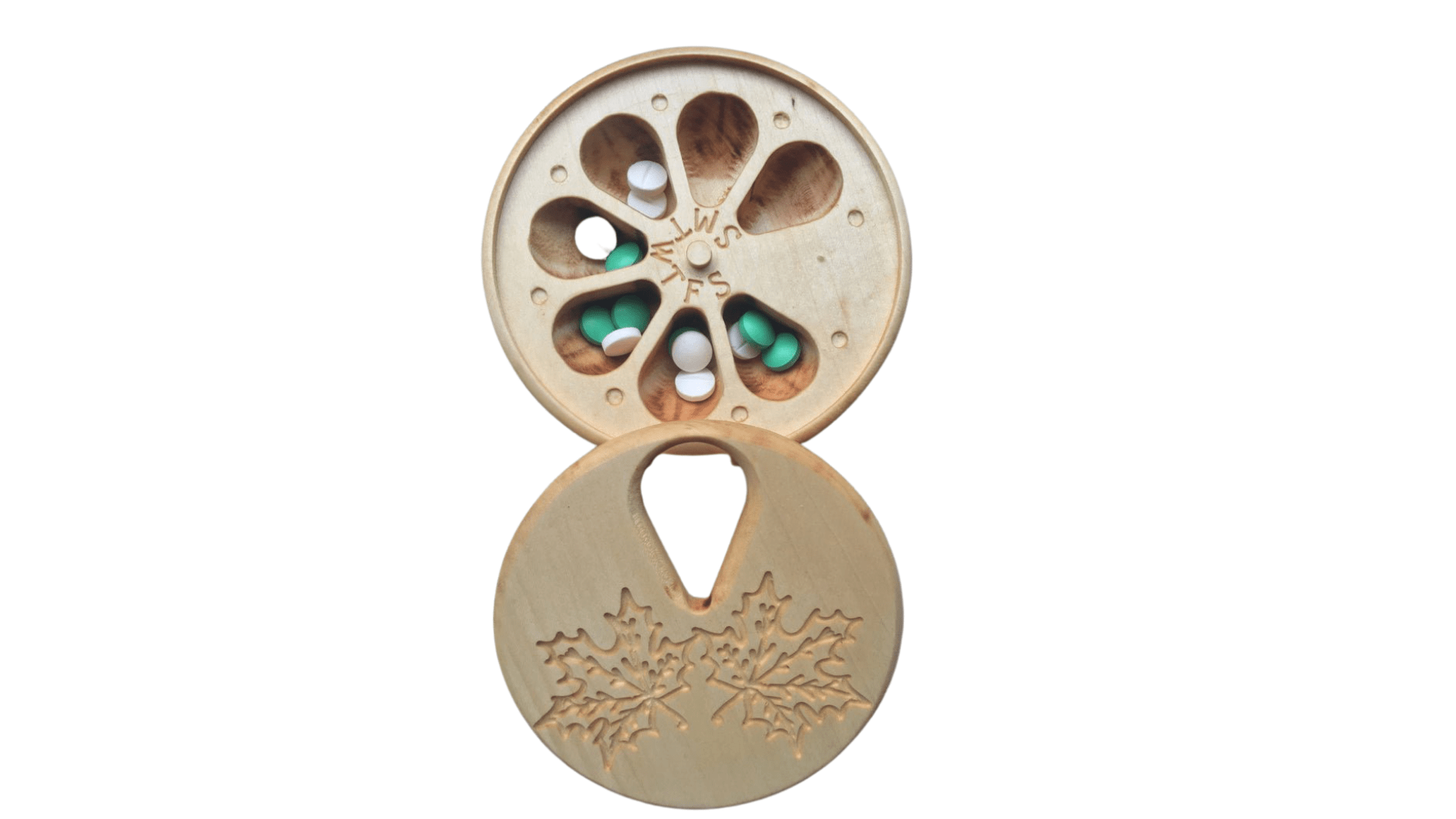 JTNlab PILLBOX ROUND WOODEN PILL BOX - MAPLE LEAVES