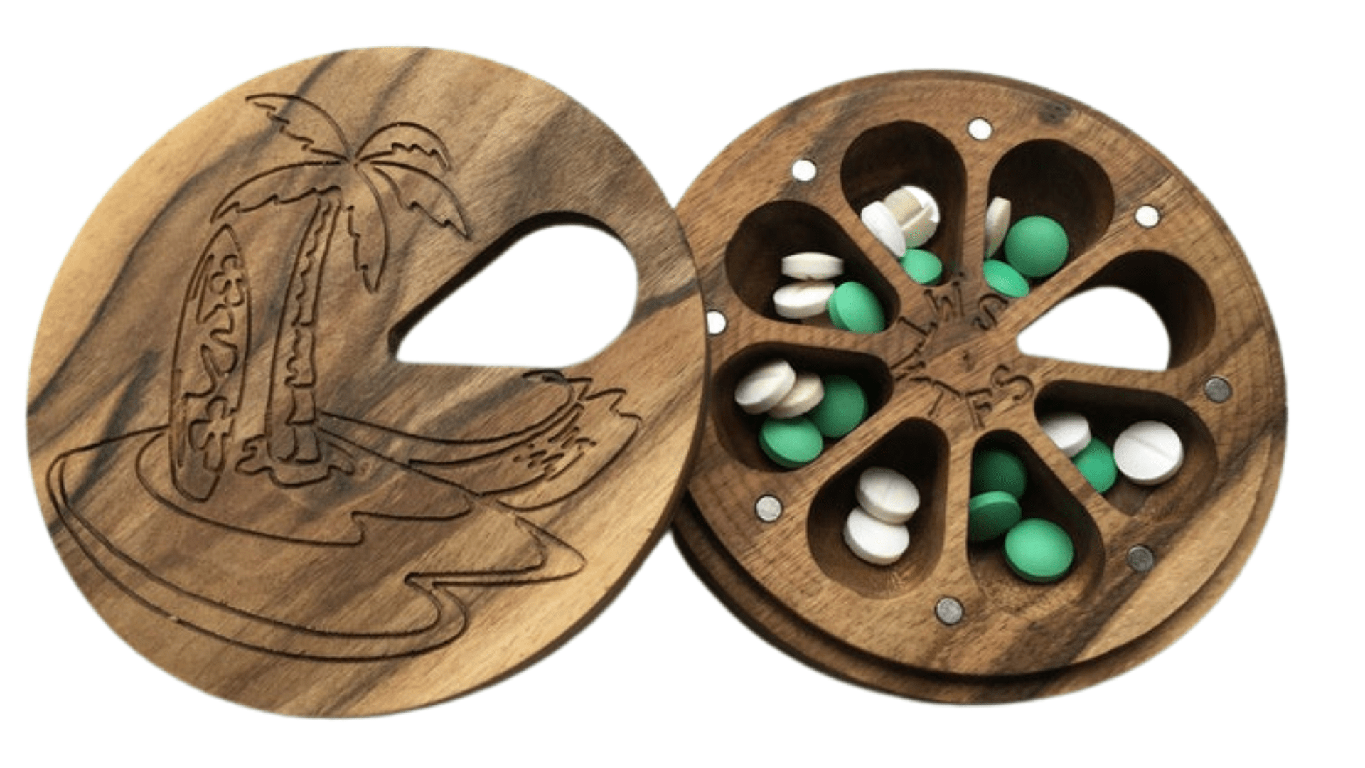 Round weekly pill box palm on the beach jtnlab