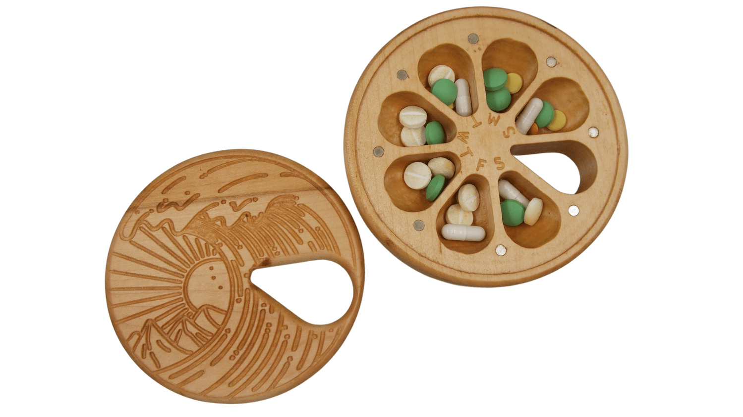 JTNlab PILLBOX ROUND WOODEN PILL BOX - SUN WITH WAVES