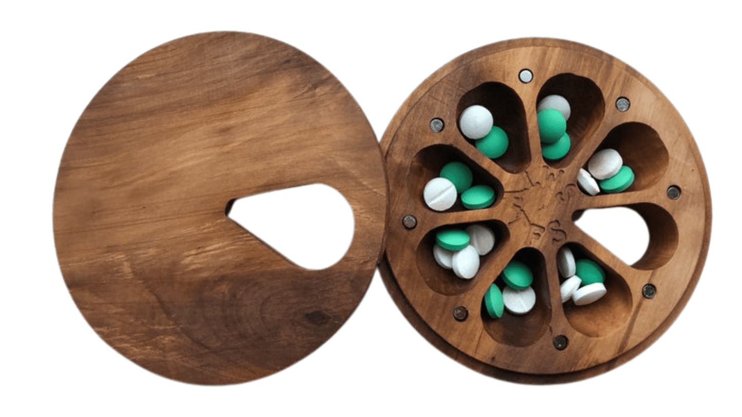 JTNlab PILLBOX Walnut / Add Initials (+$10.00) / External Lid ROUND WEEKLY PILL BOX  - NATURAL WOOD