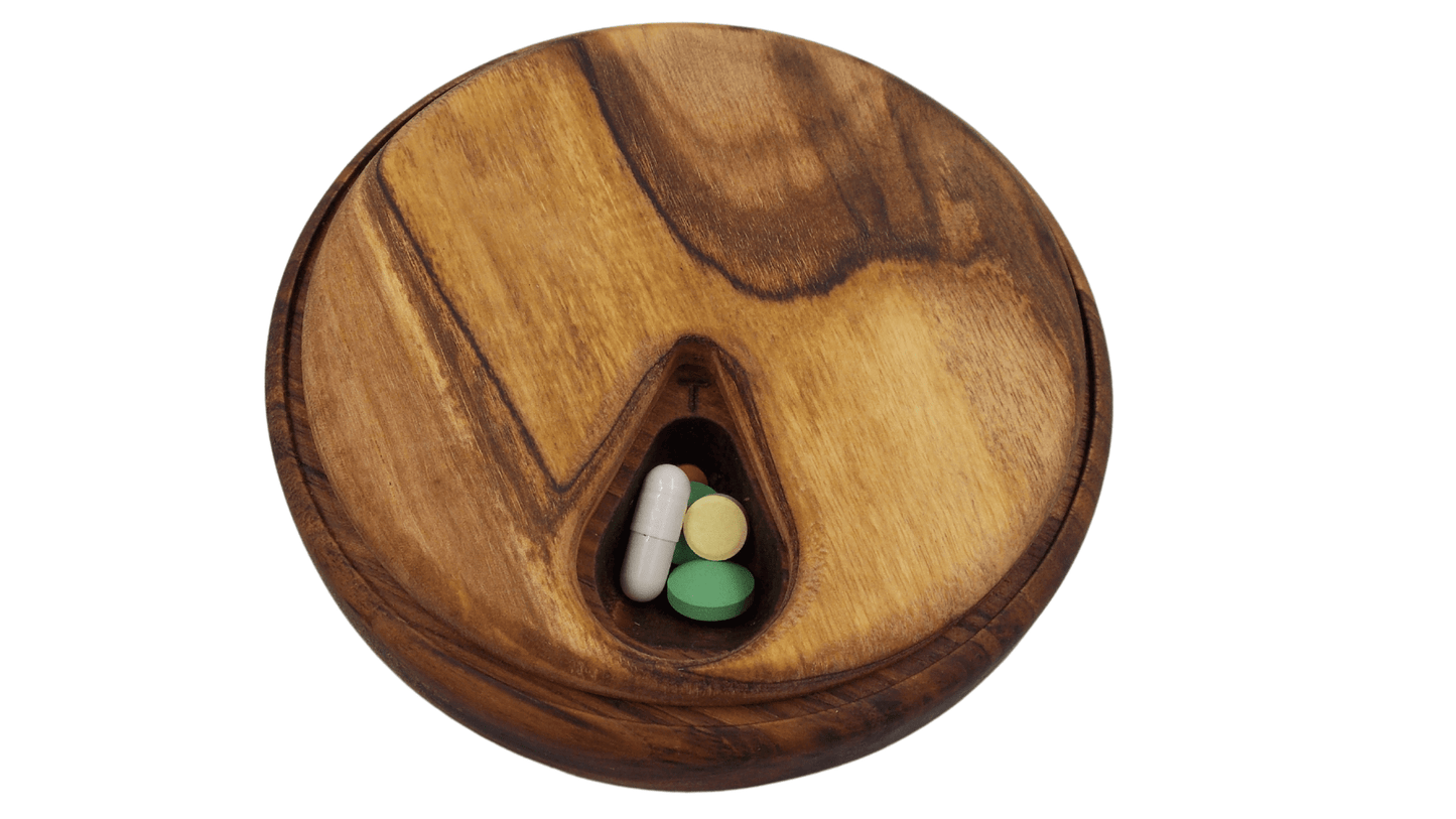 JTNlab PILLBOX Walnut / Add Initials (+$10.00) / Internal Lid ROUND WEEKLY PILL BOX  - NATURAL WOOD