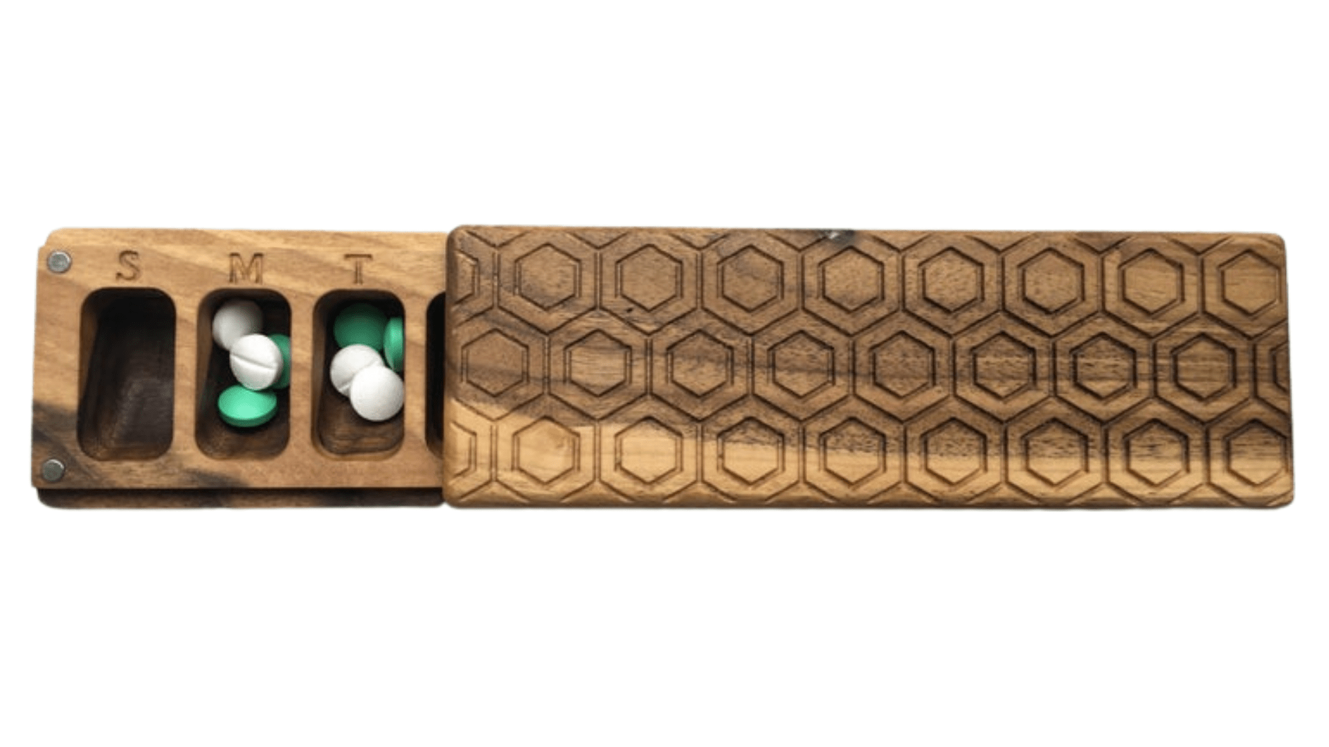 JTNlab PILLBOX Walnut / No Personalization / External Lid WOODEN PILL BOX - HONEYCOMB