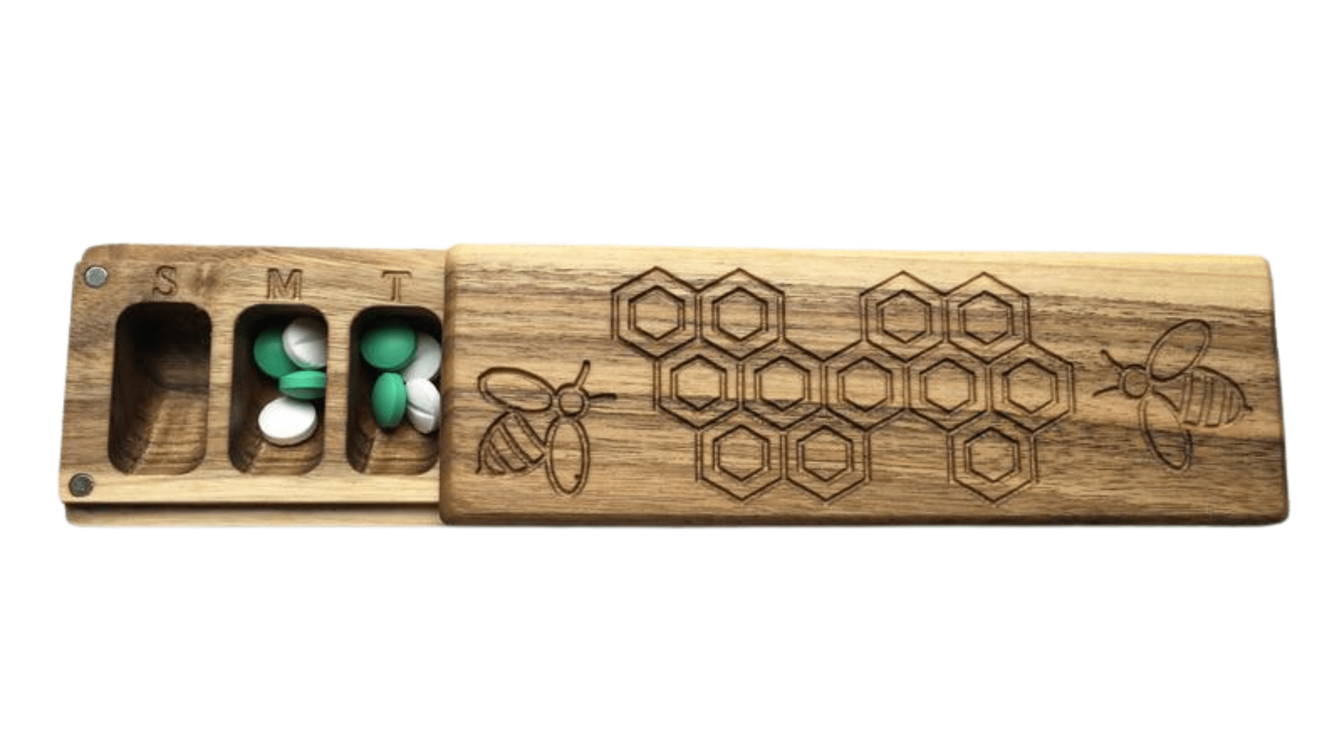 JTNlab PILLBOX Walnut / No Personalization / External Lid WOODEN PILL BOX - HONEYCOMB vs BEES