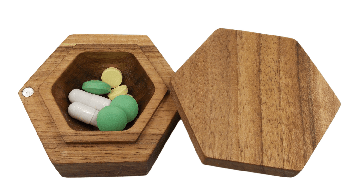 JTNlab PILLBOX Walnut / No Personalization HEXAGON POCKET PILL BOX - NATURAL WOOD