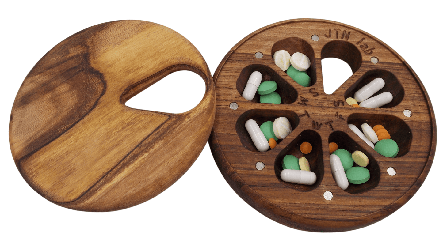 JTNlab PILLBOX Walnut / No Personalization / Internal Lid ROUND WEEKLY PILL BOX  - NATURAL WOOD