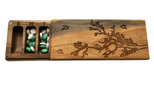 JTNlab PILLBOX Walnut / Please Select BIG WOODEN PILL BOX - BIRDS ON BRANCH