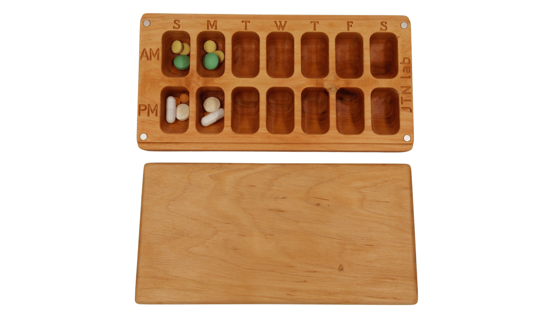 JTNlab PILLBOX WOODEN DAY-NIGHT A.M.-P.M. PILL BOX - NATURAL WOOD