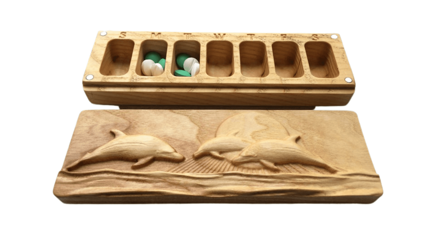 JTNlab PILLBOX WOODEN PILL BOX - 3D DOLPHINS