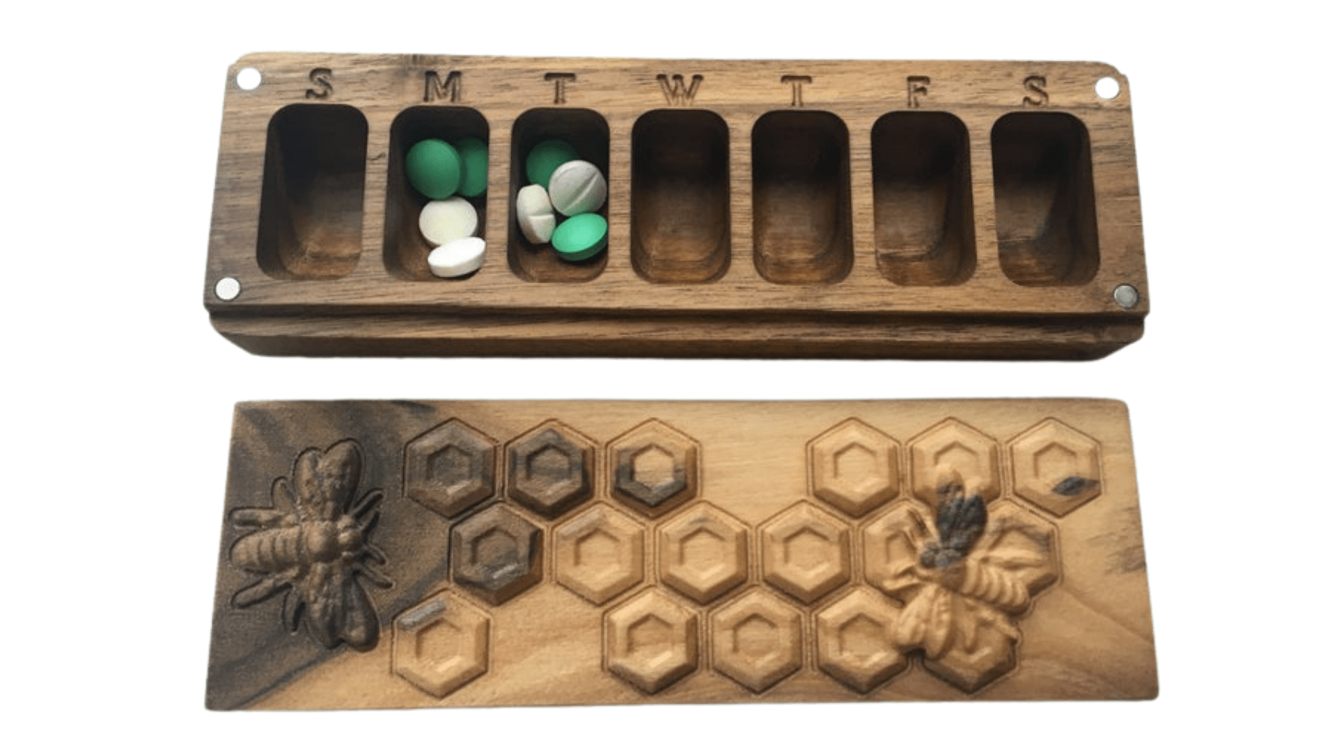 JTNlab PILLBOX WOODEN PILL BOX - 3D HONEYCOMB vs BEES