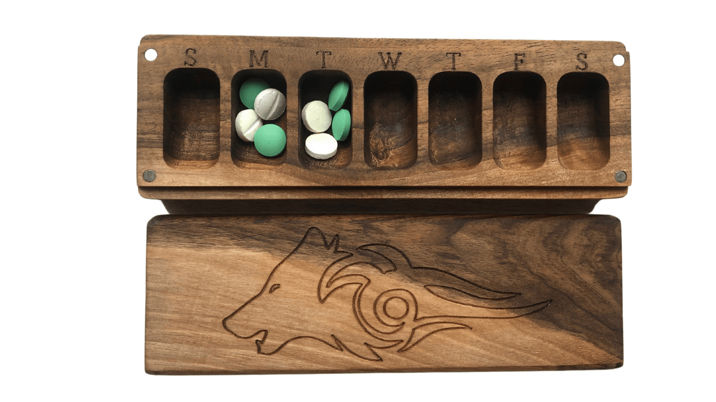 JTNlab PILLBOX WOODEN PILL BOX - WOLF WITH MOON