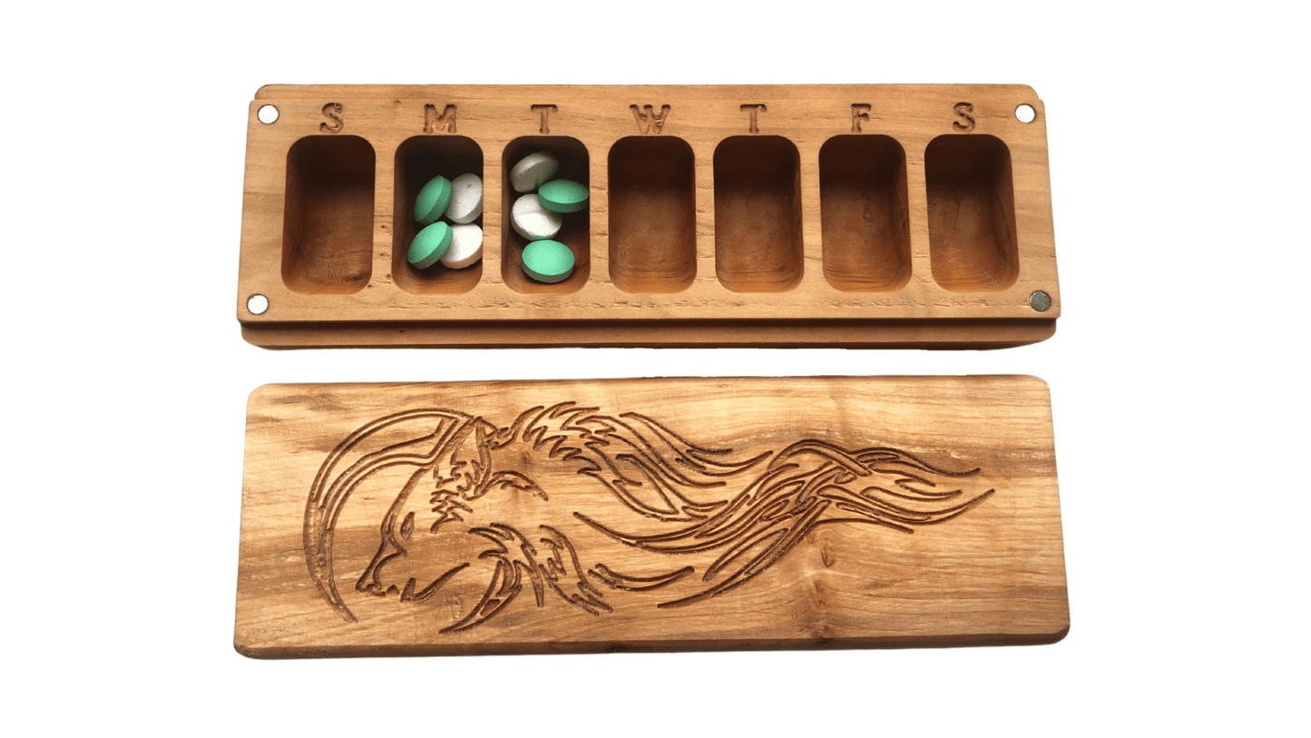 JTNlab PILLBOX WOODEN PILL BOX - WOLF WITH MOON